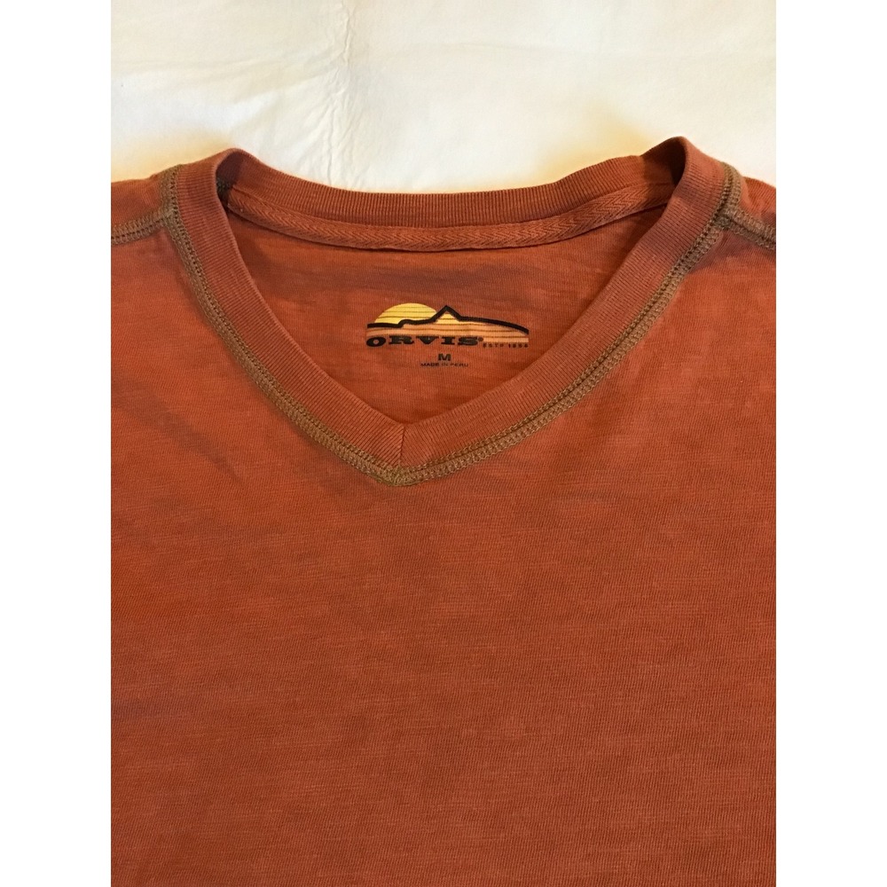 Orvis Mens Long Sleeve V-Neck T-Shirt Burnt Orange Rust Cotton Blend Size M - Picture 2 of 3